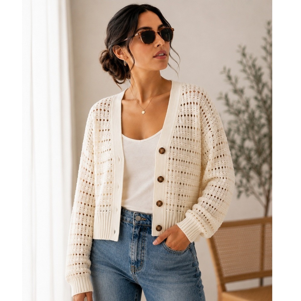 NWT Cropped Chunky Open Knit‎ Cardigan Ivory Button Front Fisherman Boho PXXL
